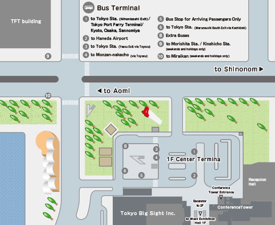 Get on the JR bus from Sannomiya Bus Terminal, Osaka Station JR Expressway Bus Terminal, or Kokusai-Tenjijo station. Get off at Tokyo Big Sight. / Get on the JR bus from JR Nara Station East Exit, Kyoto Station Karamsuma Exit, or Kokusai-Tenjijo Station. Get off at Tokyo Big Sight. / Get on from Shinkiba station. Get off at Tokyo Big Sight. / ※Outbound Buses (Tokyo → Kansai) don't stop at JR Nara Station East Exit.