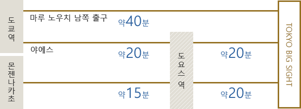 도쿄역에서 都05-2 계통　도쿄역 마루노우치 남쪽 출구(가치도키역 앞 경유)에서 승차. 도쿄 빅사이트에서 하차(약 40분)/도쿄역에서 東16 계통　도쿄역 야에스 출구(도요스역 앞 경유)에서 승차. 도요스역※에서 하차(약 20분)/몬젠나카초에서 門19 계통　몬젠나카초(도요스역 앞 경유)에서 승차. 도요스역※에서 하차(약 15분) ※도요스역에서는 약 20분