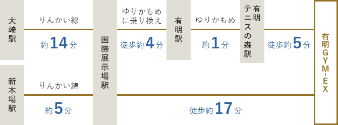 JR山手線、JR湘南新宿ライン、JR埼京線のいずれかで大崎まで乗車。りんかい線に乗り換え、国際展示場で下車（14分）。／JR京葉線、東京メトロ有楽町線のいずれかで新木場まで乗車。りんかい線に乗り換え、国際展示場で下車（5分）。国際展示場から徒歩4分で有明駅に行き、ゆりかもめで有明テニスの森駅まで行き下車（約1分）。そこから有明GYM-EXまで徒歩（約5分）／国際展示駅から有明GYM-EXまで徒歩（約17分）