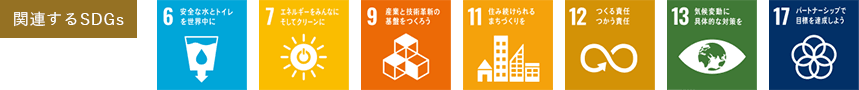 関連するSDGs 6．安全な水とトイレを世界中に 7．エネルギーをみんなに そしてクリーンに 9．産業と技術革新の基盤をつくろう 11．住み続けられるまちづくりを 12．つくる責任 つかう責任 13．気候変動に具体的な対策を 17．パートナーシップで目標を達成しよう