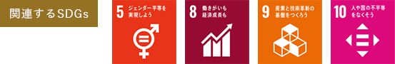 関連するSDGs 5．ジェンダー平等を実現しよう 8．働きがいも経済成長も 9．産業と技術革新の基盤をつくろう 10．人や国の不平等をなくそう